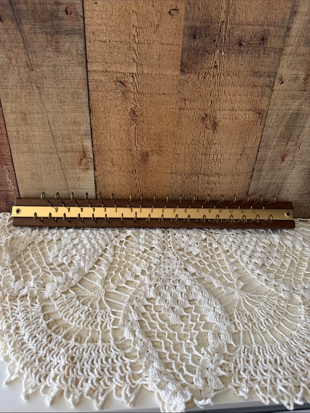 VTG MCM Wall-Mounted Tie/Belts or Necklace Rack, Wood and Brass